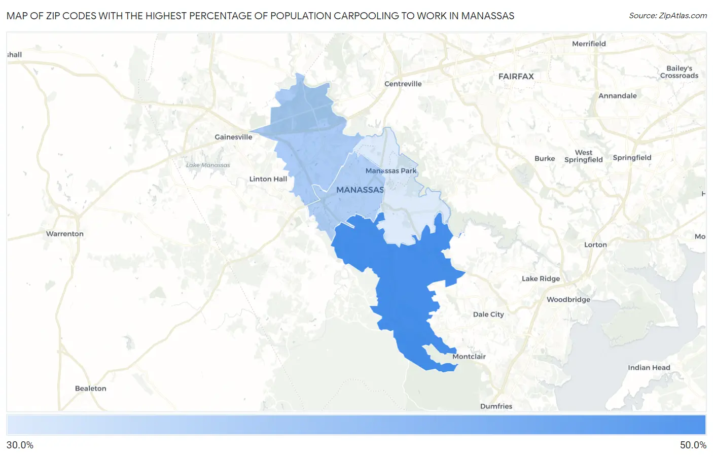 Zip Codes with the Highest Percentage of Population Carpooling to Work in Manassas Map