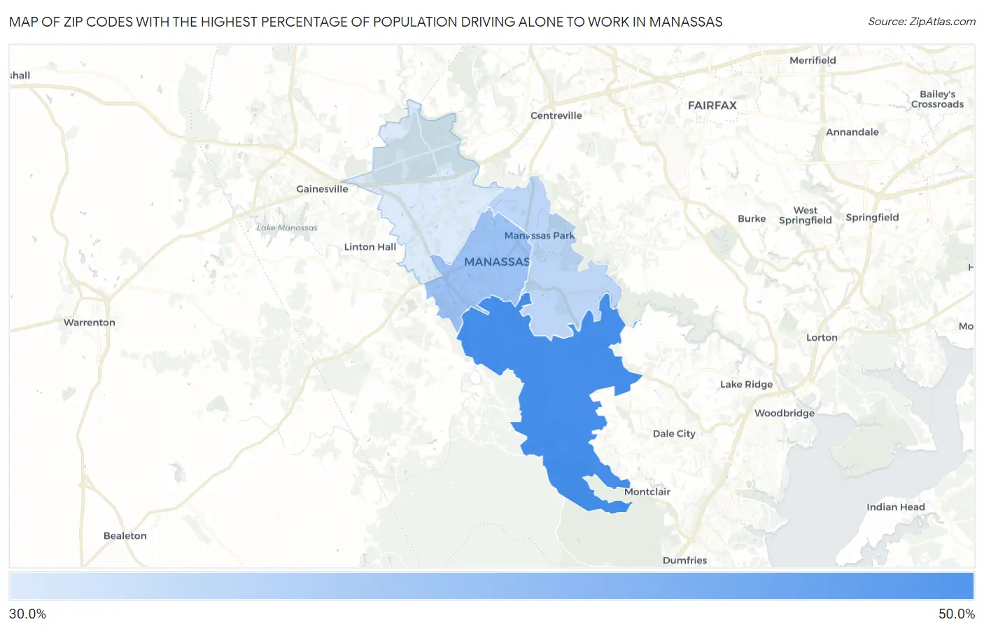 Zip Codes with the Highest Percentage of Population Driving Alone to Work in Manassas Map