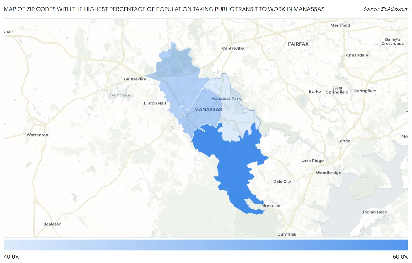Zip Codes with the Highest Percentage of Population Taking Public Transit to Work in Manassas Map