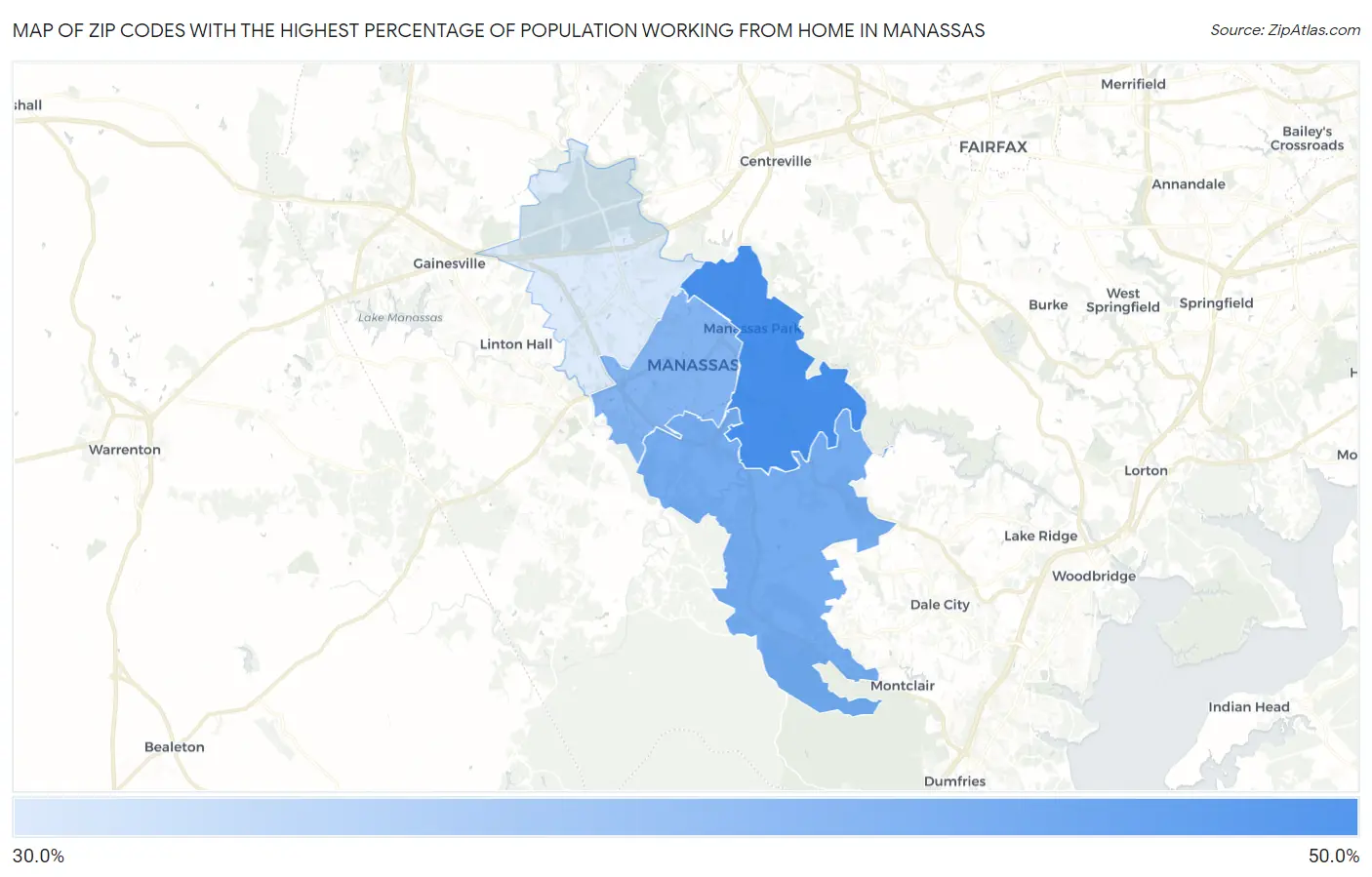 Zip Codes with the Highest Percentage of Population Working from Home in Manassas Map