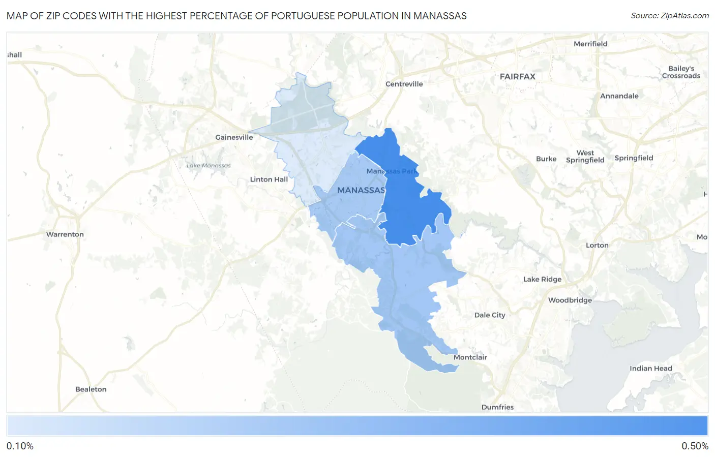 Zip Codes with the Highest Percentage of Portuguese Population in Manassas Map
