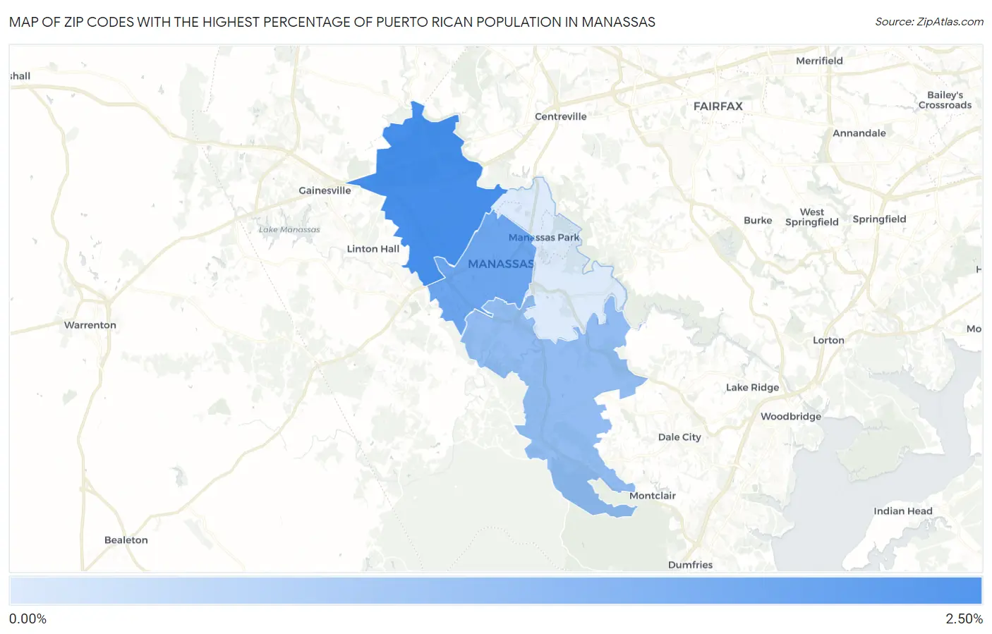 Zip Codes with the Highest Percentage of Puerto Rican Population in Manassas Map