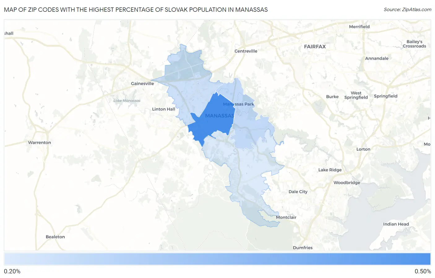 Zip Codes with the Highest Percentage of Slovak Population in Manassas Map