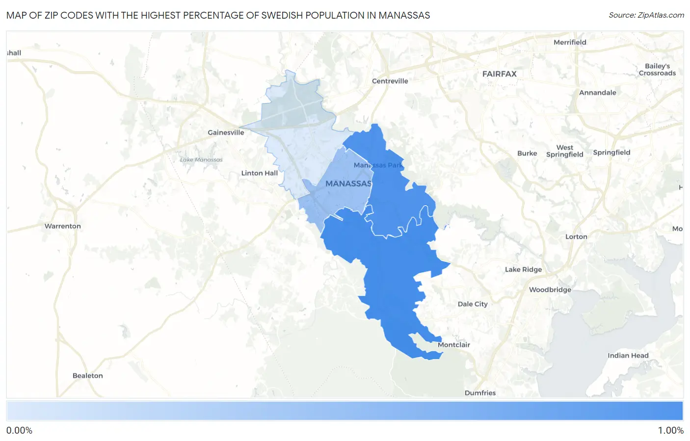 Zip Codes with the Highest Percentage of Swedish Population in Manassas Map