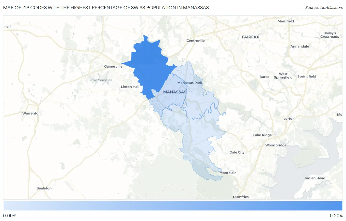 Zip Codes with the Highest Percentage of Swiss Population in Manassas Map