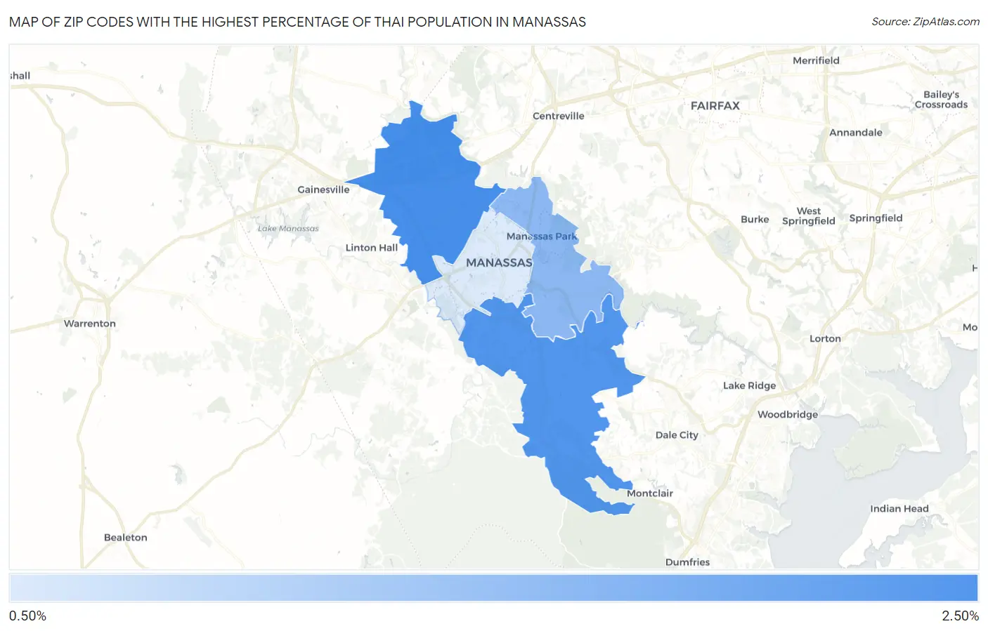 Zip Codes with the Highest Percentage of Thai Population in Manassas Map