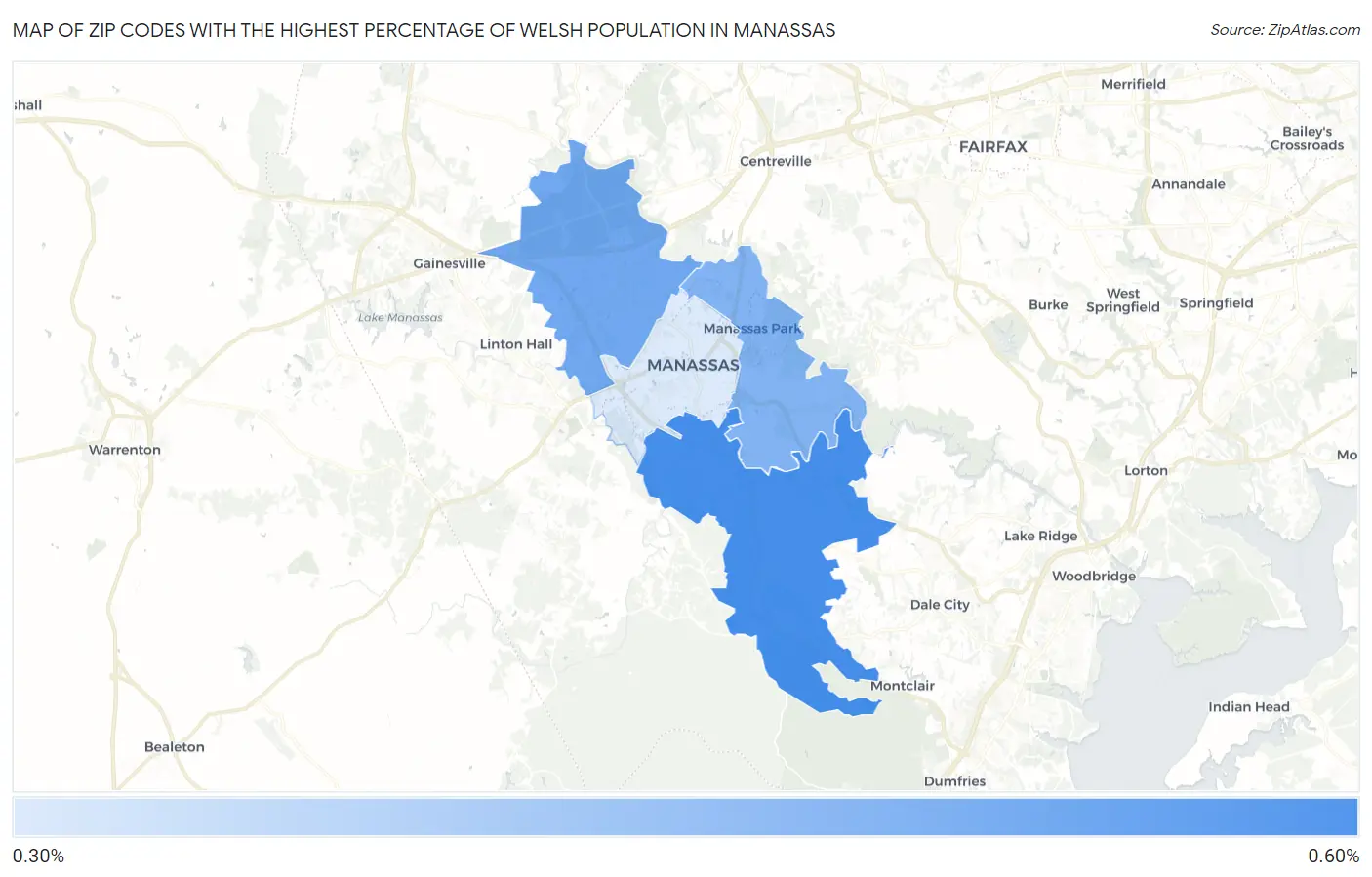 Zip Codes with the Highest Percentage of Welsh Population in Manassas Map