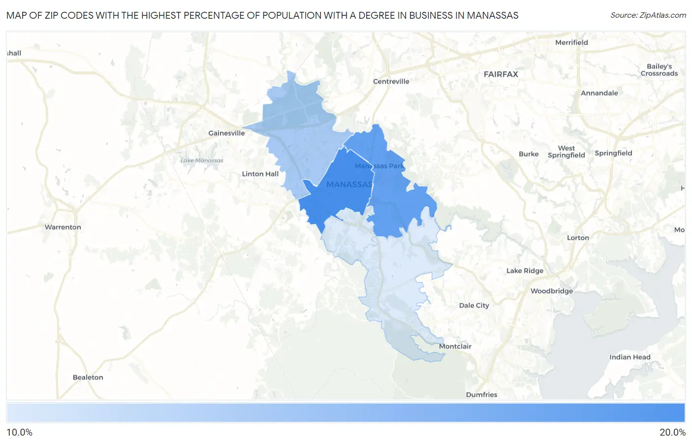 Zip Codes with the Highest Percentage of Population with a Degree in Business in Manassas Map
