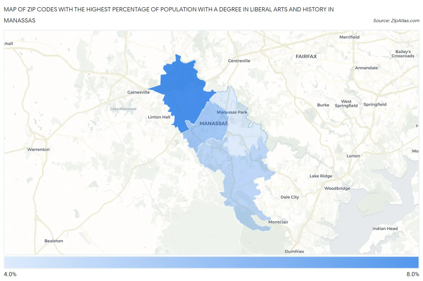Zip Codes with the Highest Percentage of Population with a Degree in Liberal Arts and History in Manassas Map