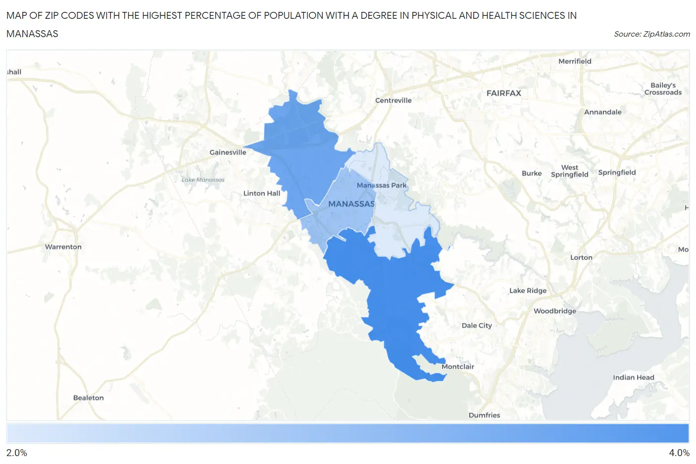 Zip Codes with the Highest Percentage of Population with a Degree in Physical and Health Sciences in Manassas Map