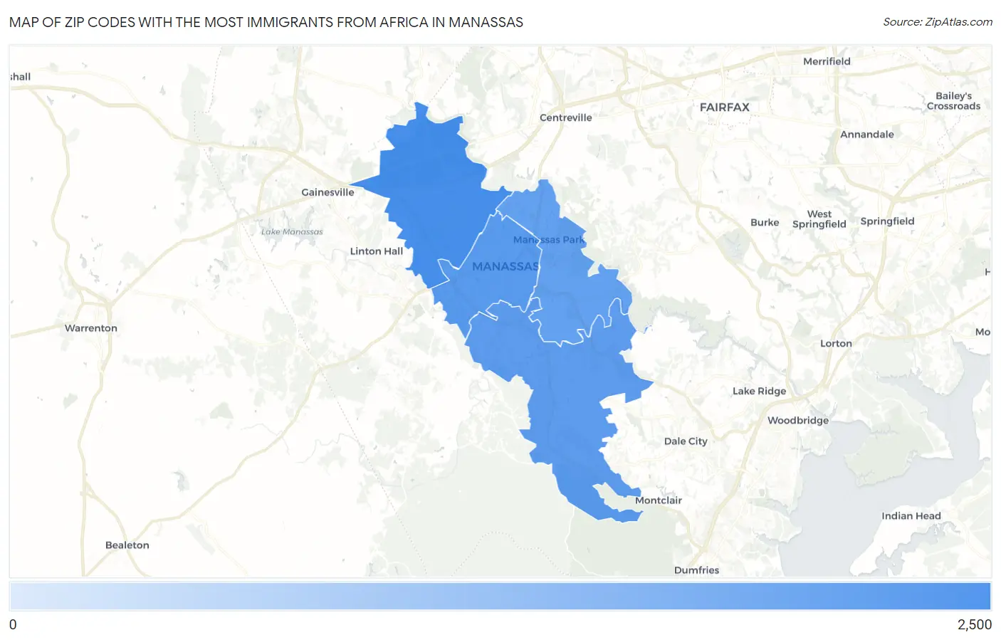 Zip Codes with the Most Immigrants from Africa in Manassas Map