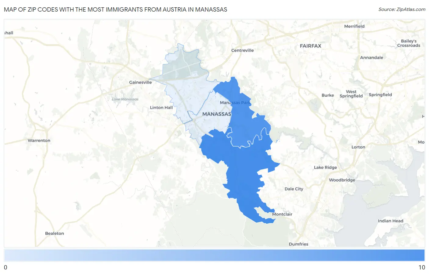 Zip Codes with the Most Immigrants from Austria in Manassas Map
