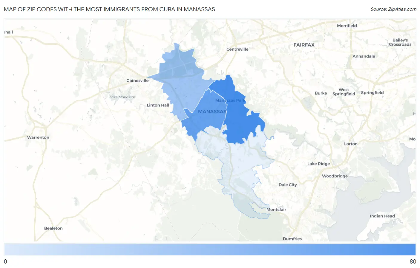 Zip Codes with the Most Immigrants from Cuba in Manassas Map