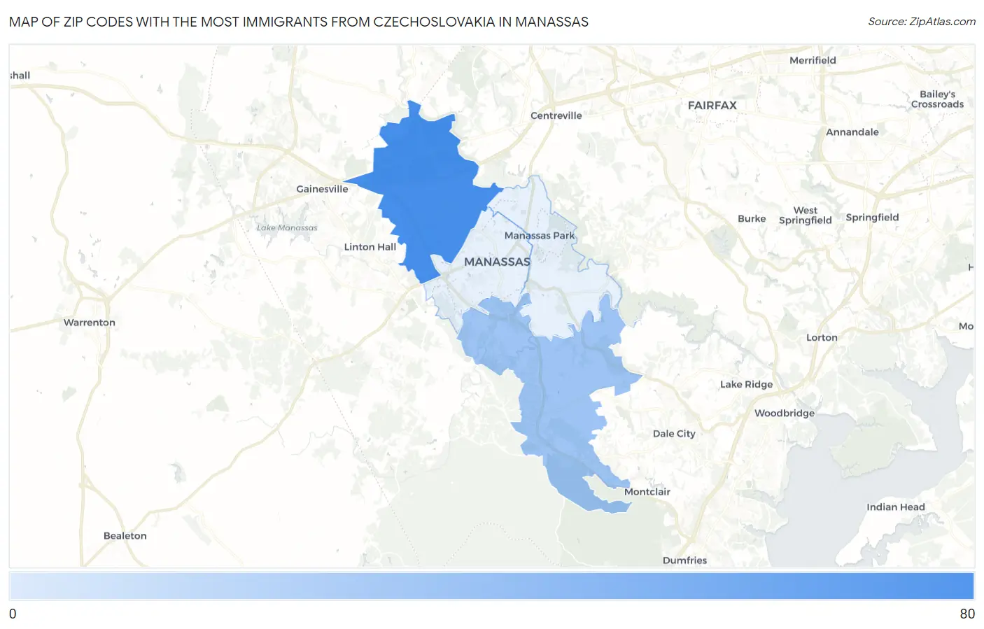 Zip Codes with the Most Immigrants from Czechoslovakia in Manassas Map