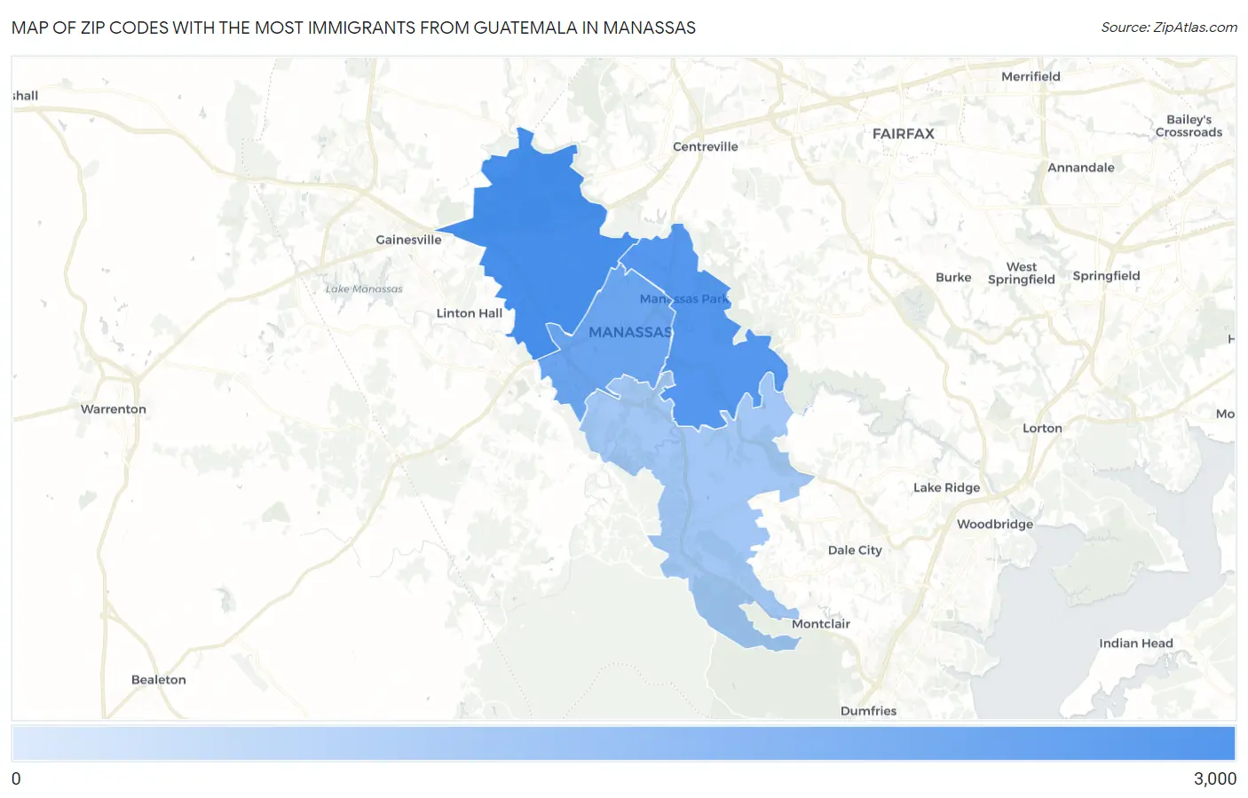 Zip Codes with the Most Immigrants from Guatemala in Manassas Map
