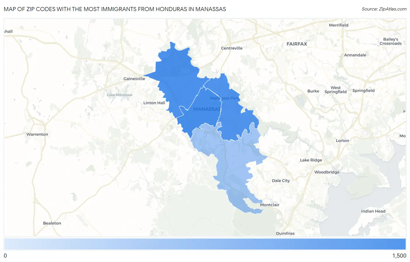 Zip Codes with the Most Immigrants from Honduras in Manassas Map