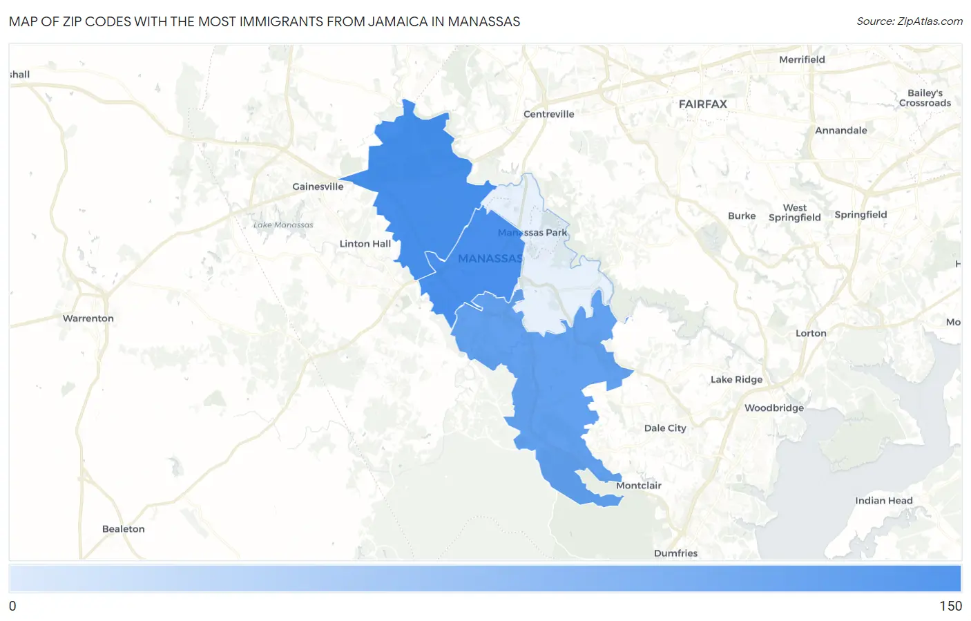 Zip Codes with the Most Immigrants from Jamaica in Manassas Map