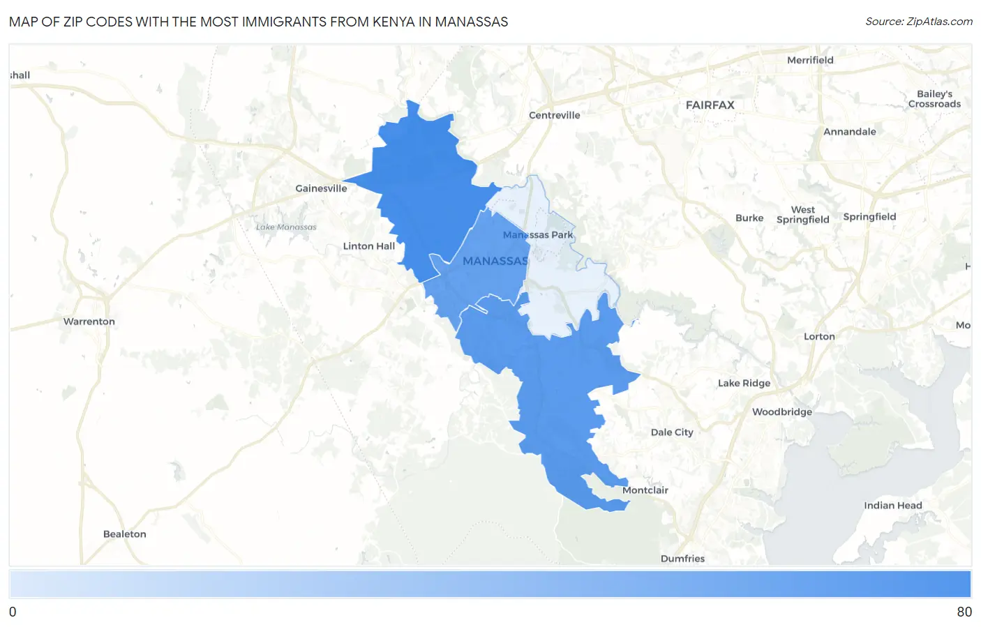 Zip Codes with the Most Immigrants from Kenya in Manassas Map