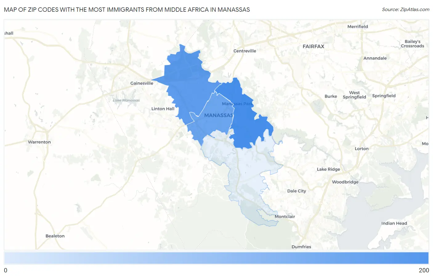 Zip Codes with the Most Immigrants from Middle Africa in Manassas Map