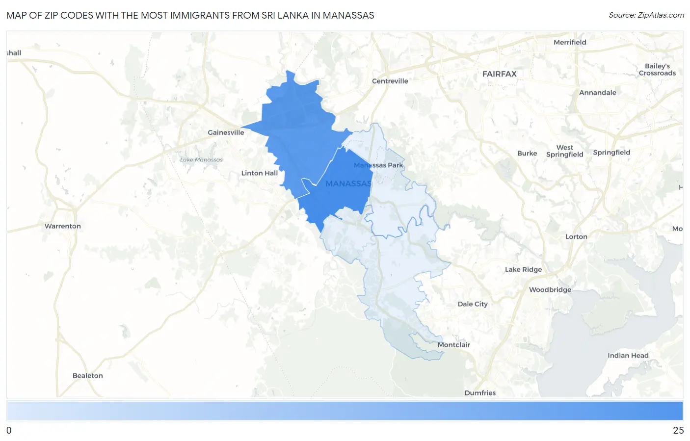 Zip Codes with the Most Immigrants from Sri Lanka in Manassas Map