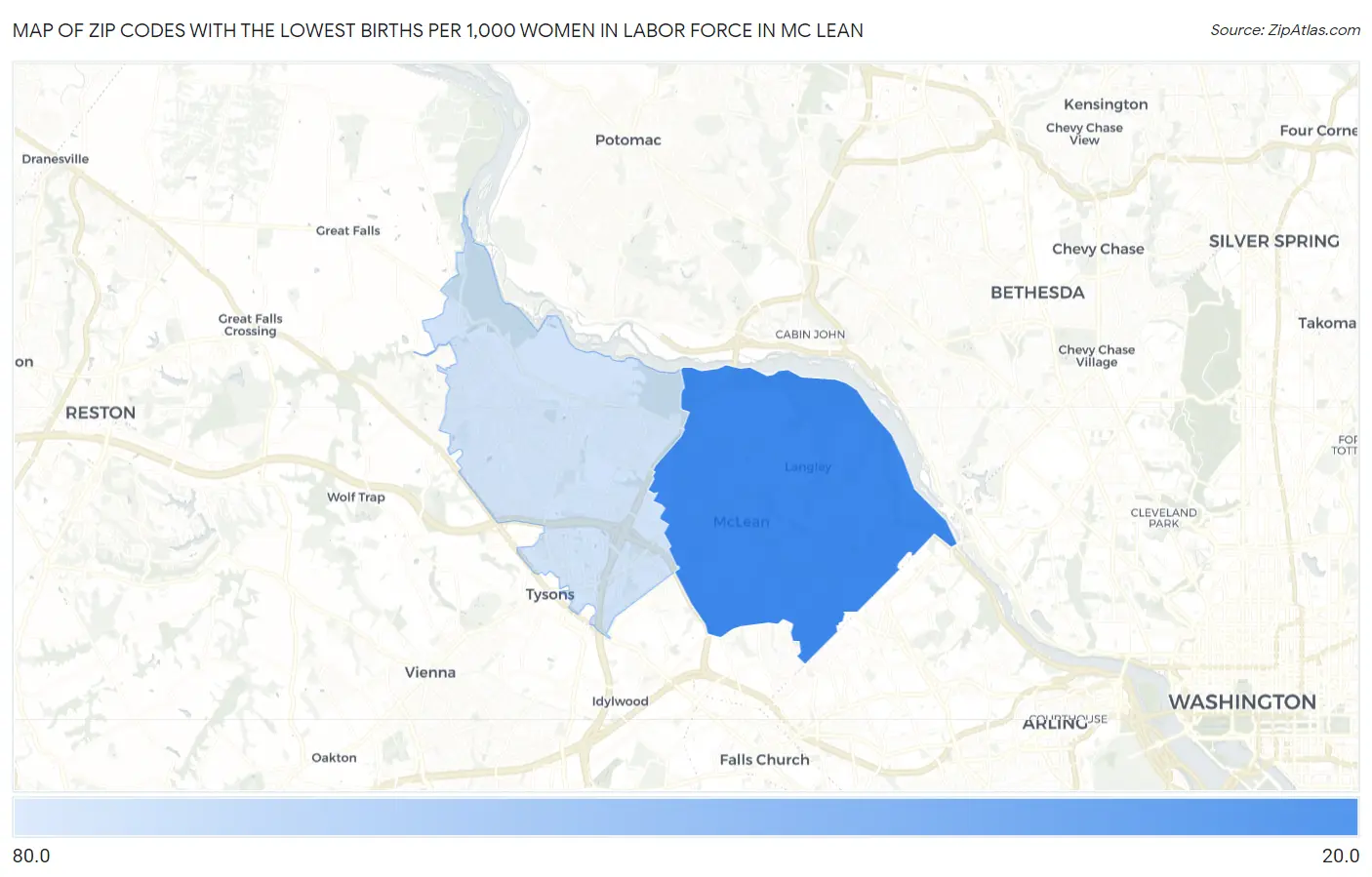 Zip Codes with the Lowest Births per 1,000 Women in Labor Force in Mc Lean Map