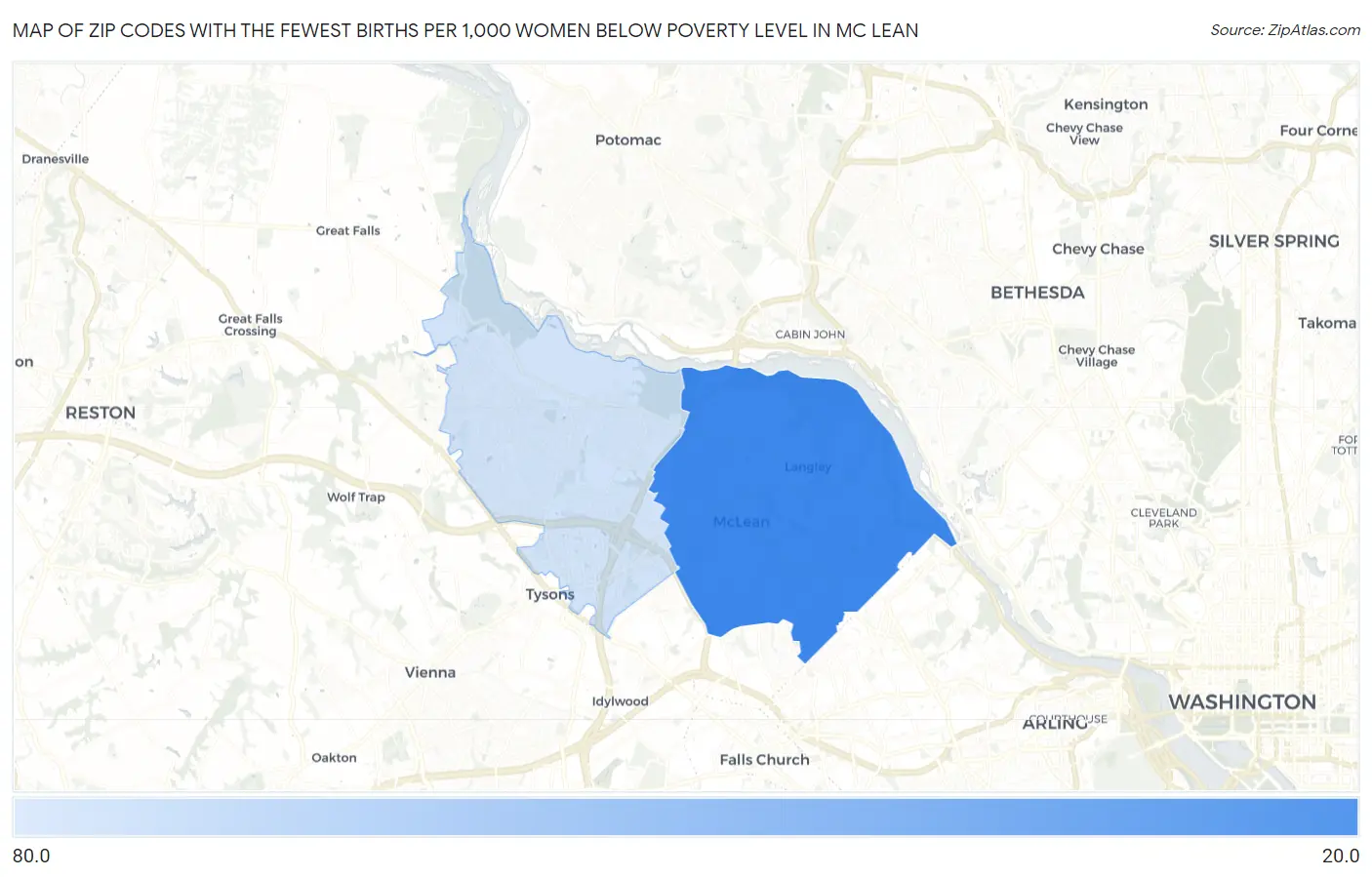 Zip Codes with the Fewest Births per 1,000 Women Below Poverty Level in Mc Lean Map