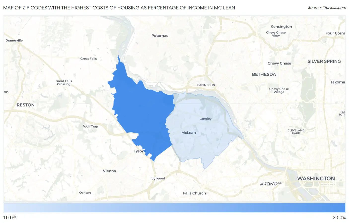 Zip Codes with the Highest Costs of Housing as Percentage of Income in Mc Lean Map