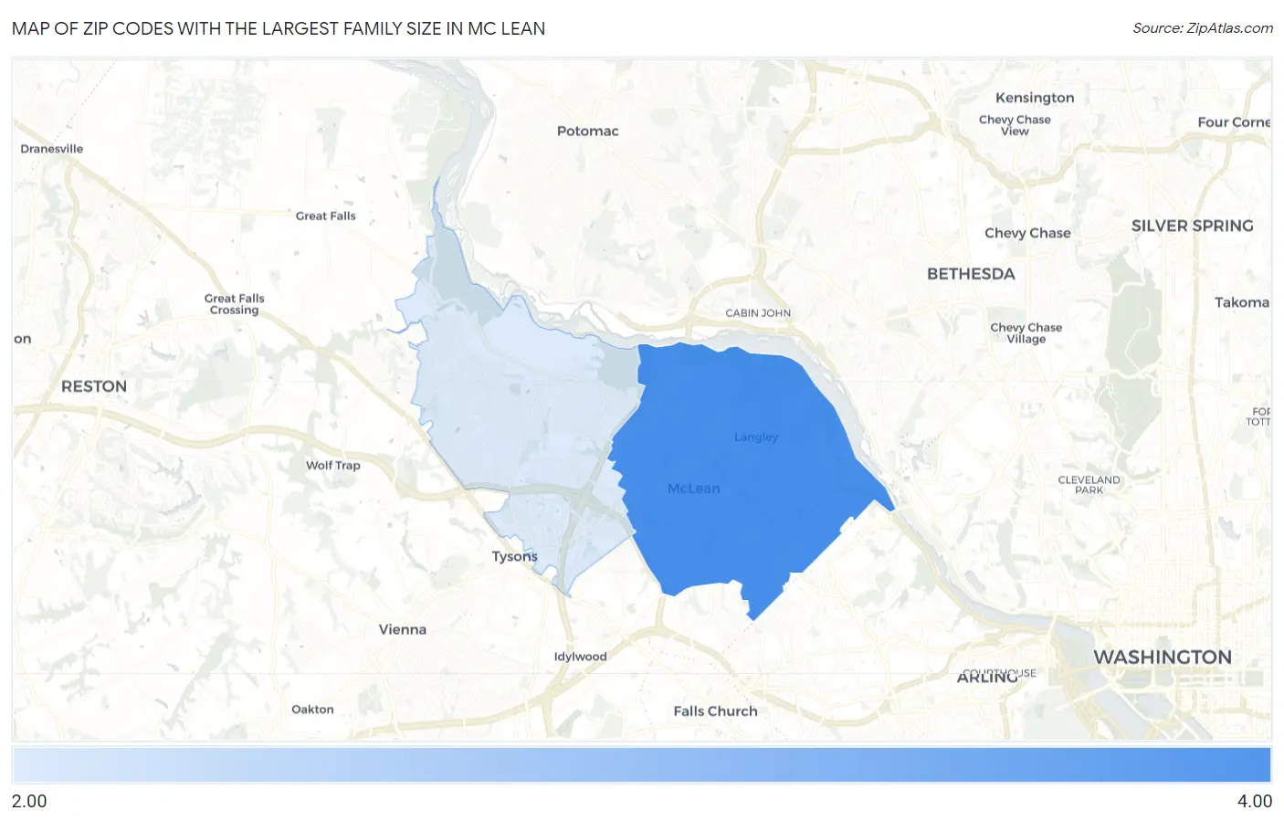 Zip Codes with the Largest Family Size in Mc Lean Map