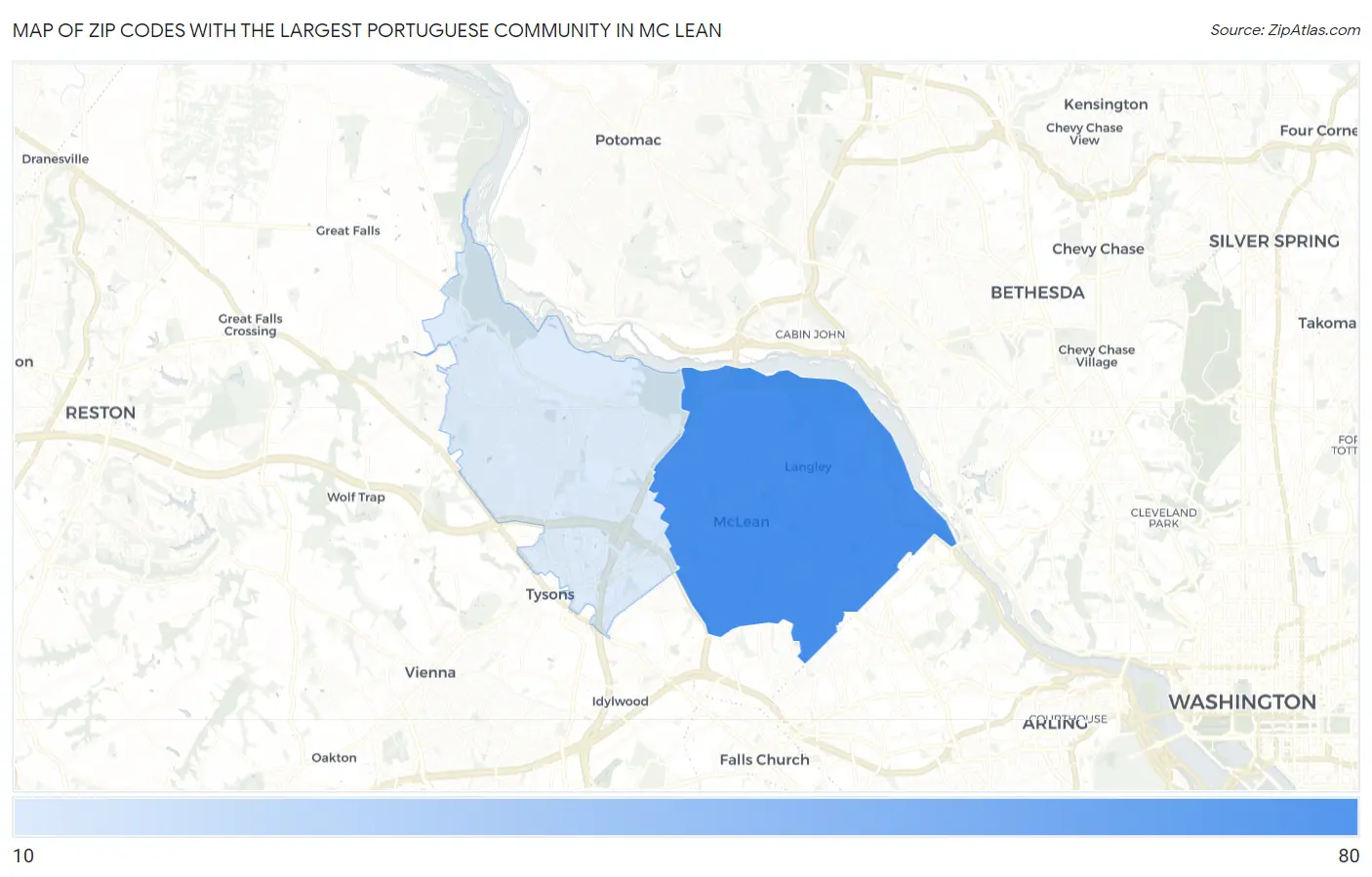 Zip Codes with the Largest Portuguese Community in Mc Lean Map