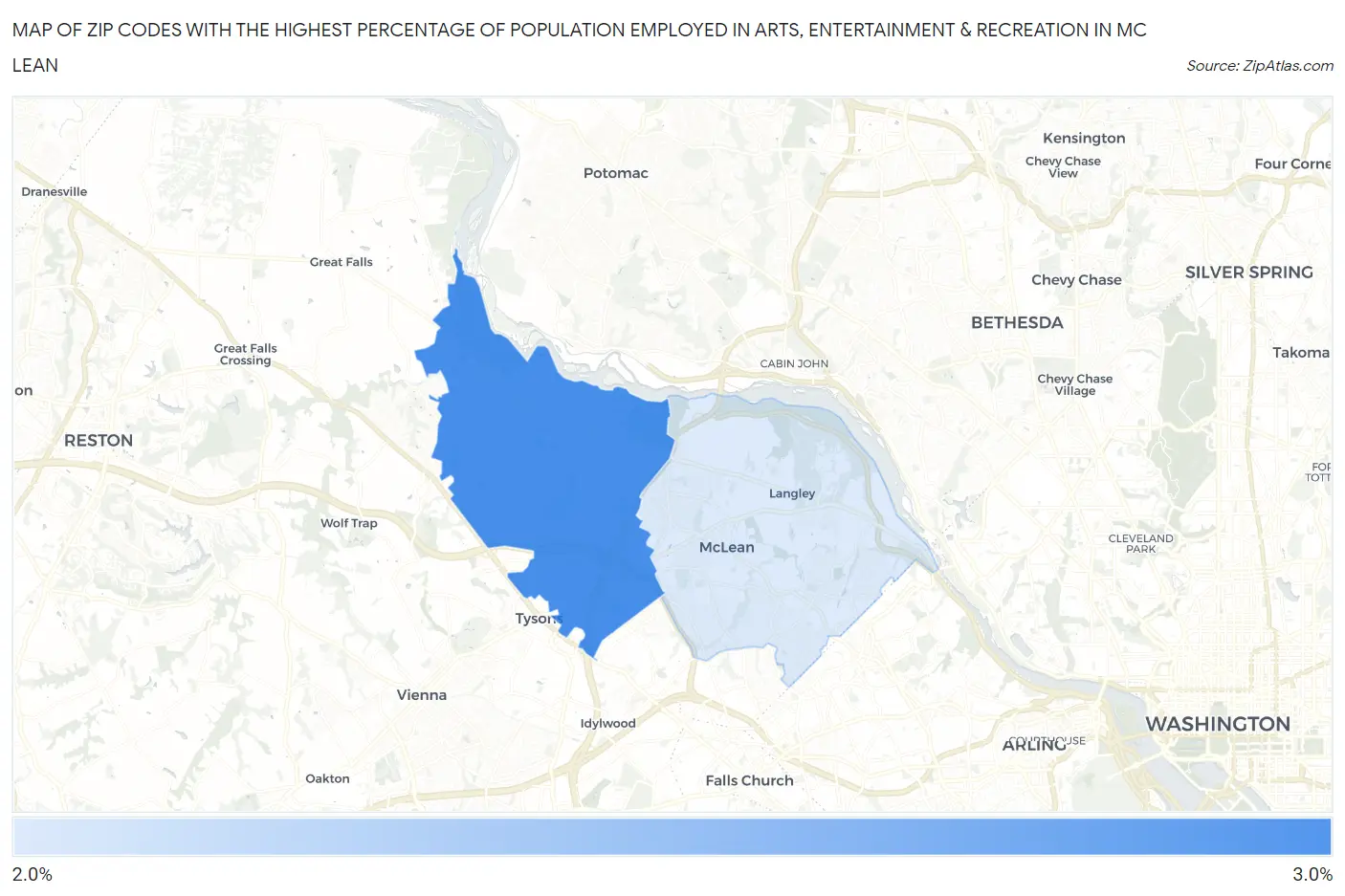 Zip Codes with the Highest Percentage of Population Employed in Arts, Entertainment & Recreation in Mc Lean Map