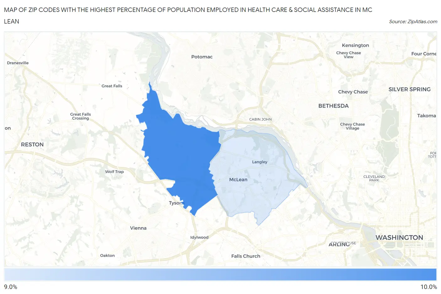 Zip Codes with the Highest Percentage of Population Employed in Health Care & Social Assistance in Mc Lean Map
