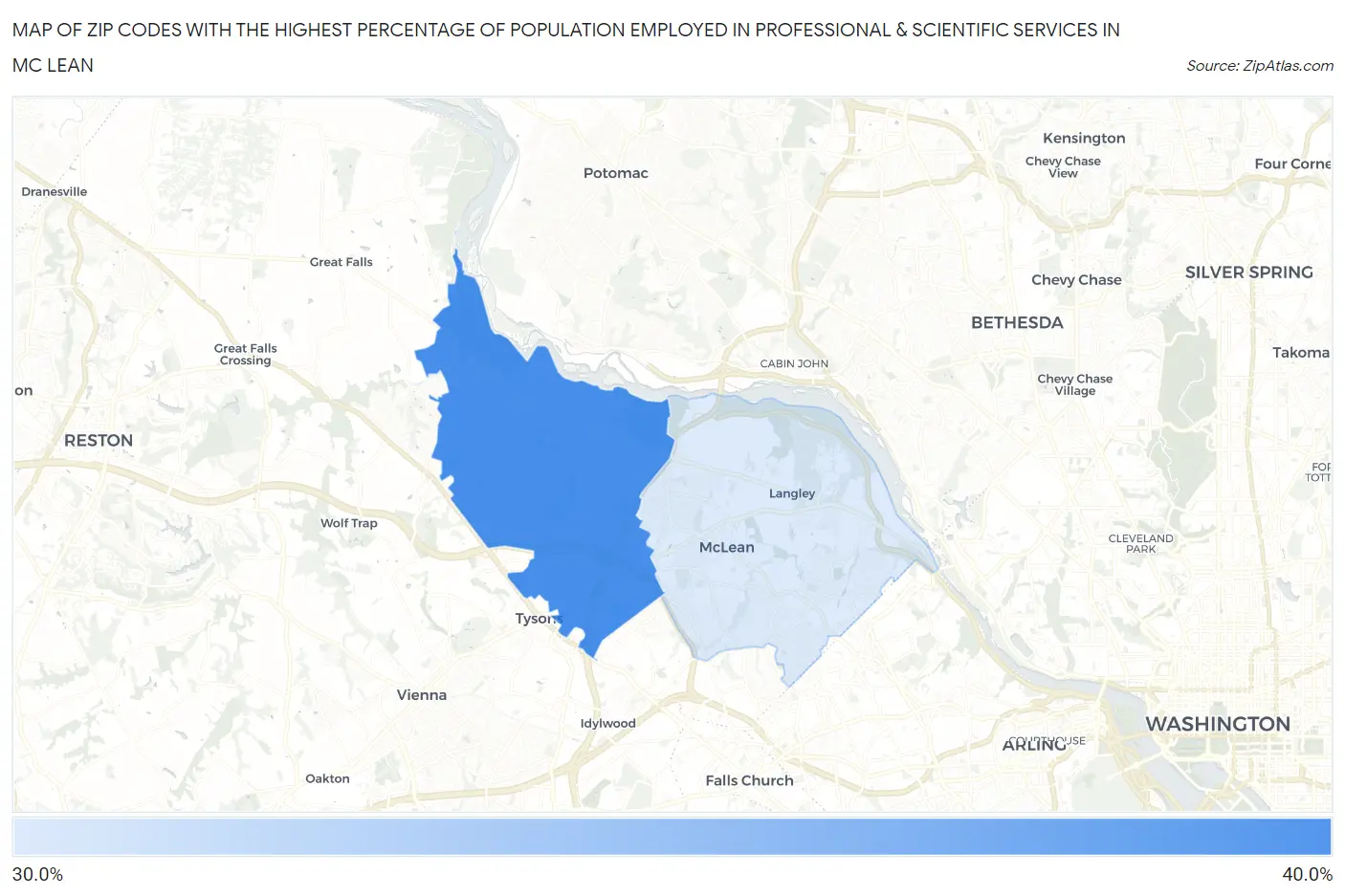 Zip Codes with the Highest Percentage of Population Employed in Professional & Scientific Services in Mc Lean Map