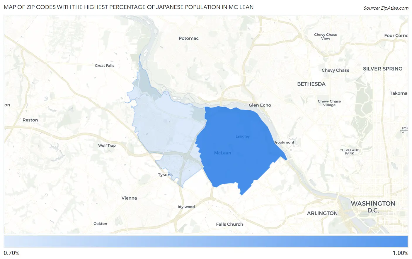 Zip Codes with the Highest Percentage of Japanese Population in Mc Lean Map
