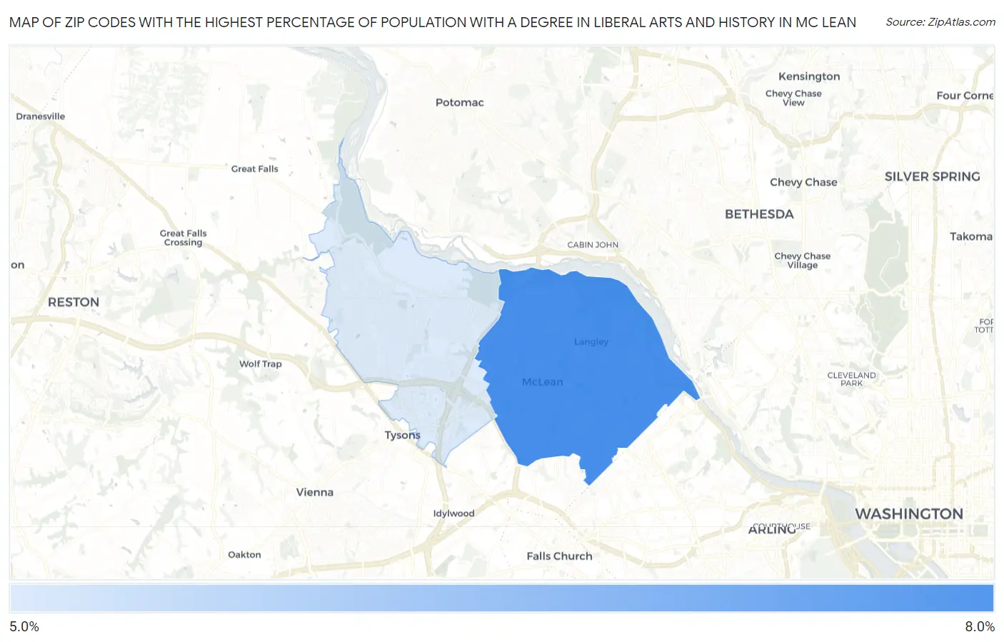 Zip Codes with the Highest Percentage of Population with a Degree in Liberal Arts and History in Mc Lean Map