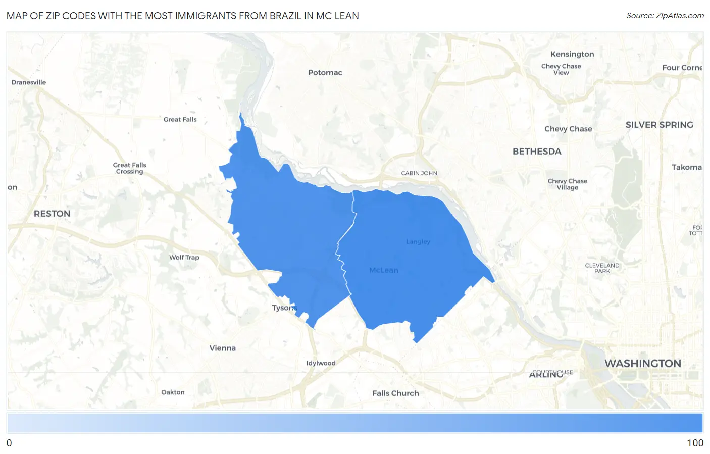 Zip Codes with the Most Immigrants from Brazil in Mc Lean Map