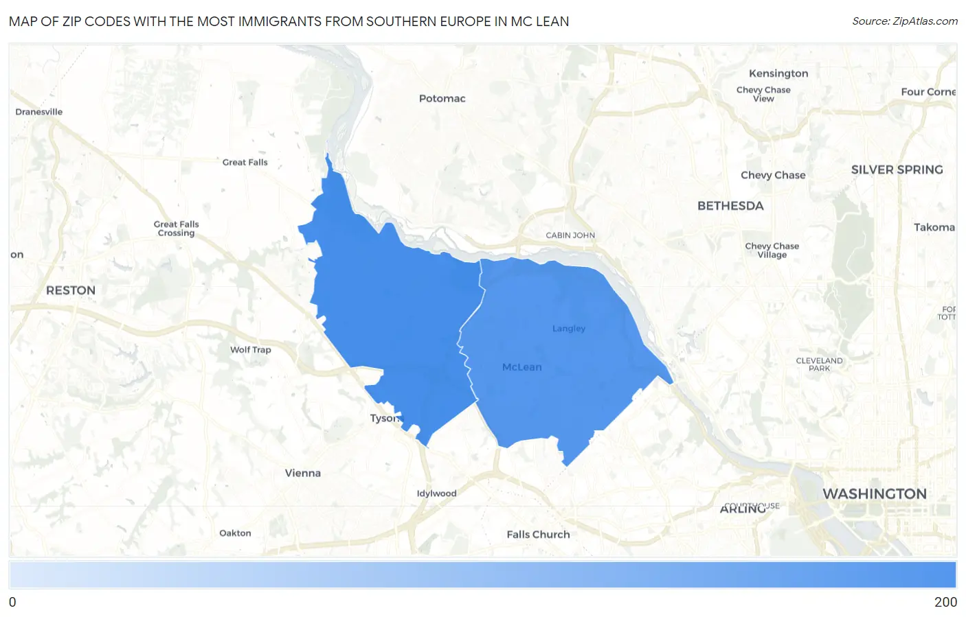 Zip Codes with the Most Immigrants from Southern Europe in Mc Lean Map
