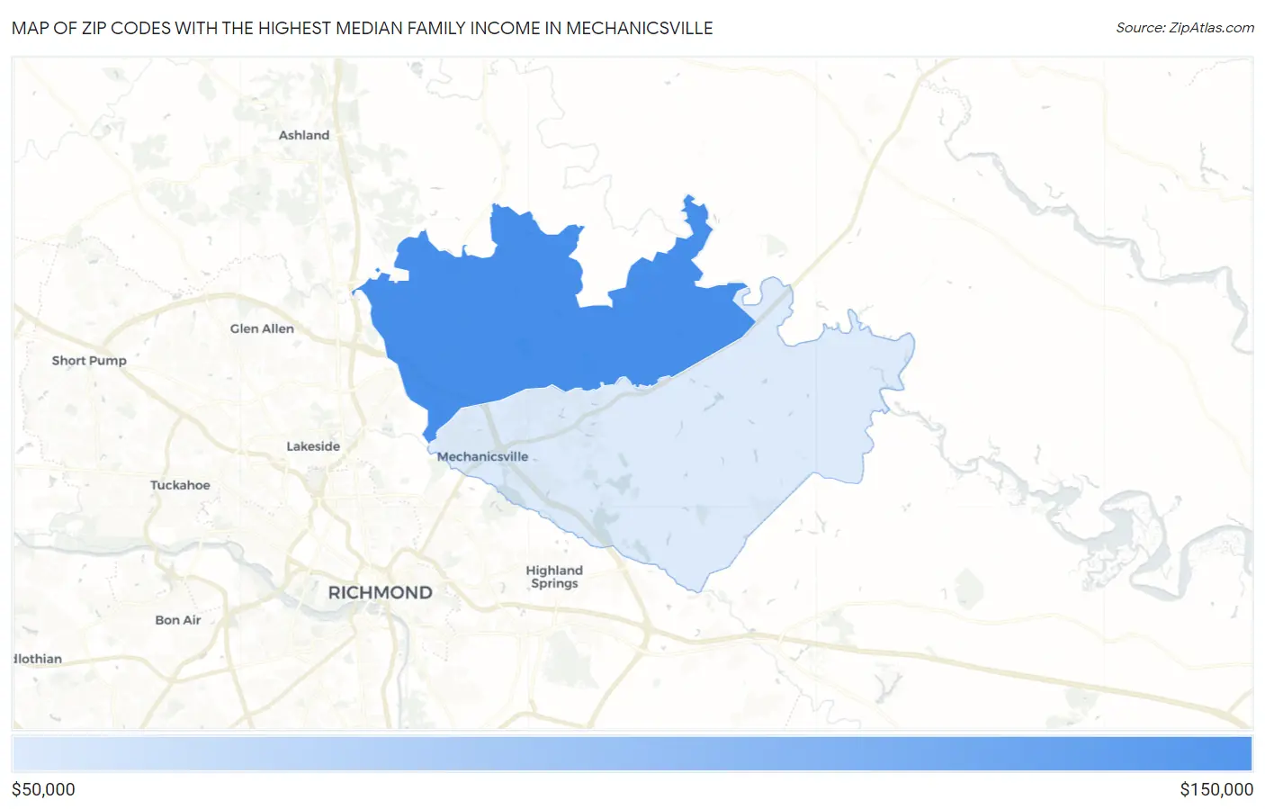 Zip Codes with the Highest Median Family Income in Mechanicsville Map