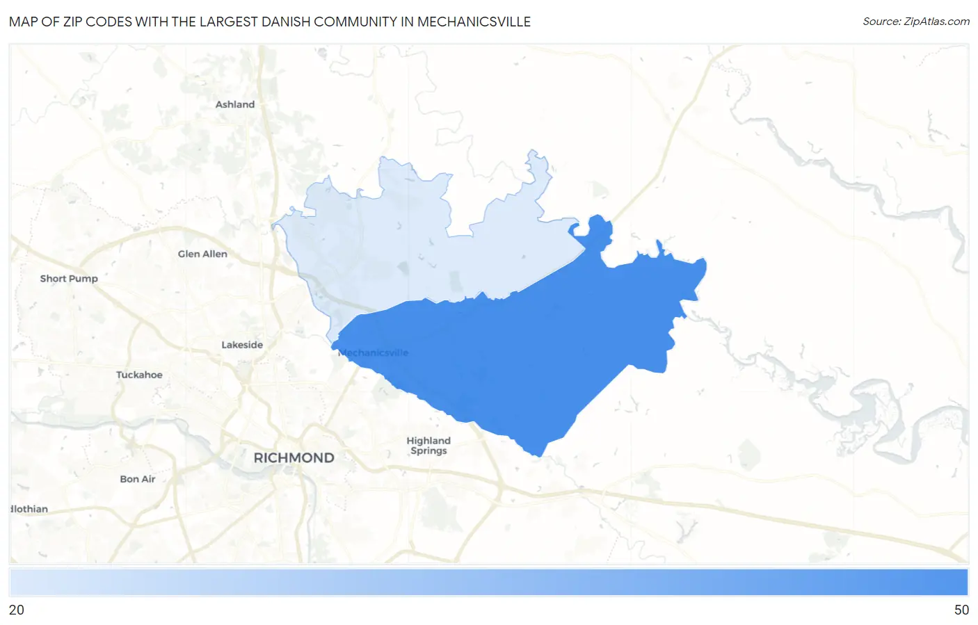 Zip Codes with the Largest Danish Community in Mechanicsville Map