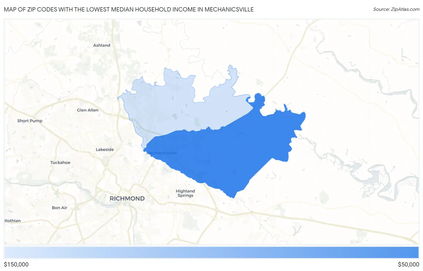 Zip Codes with the Lowest Median Household Income in Mechanicsville Map