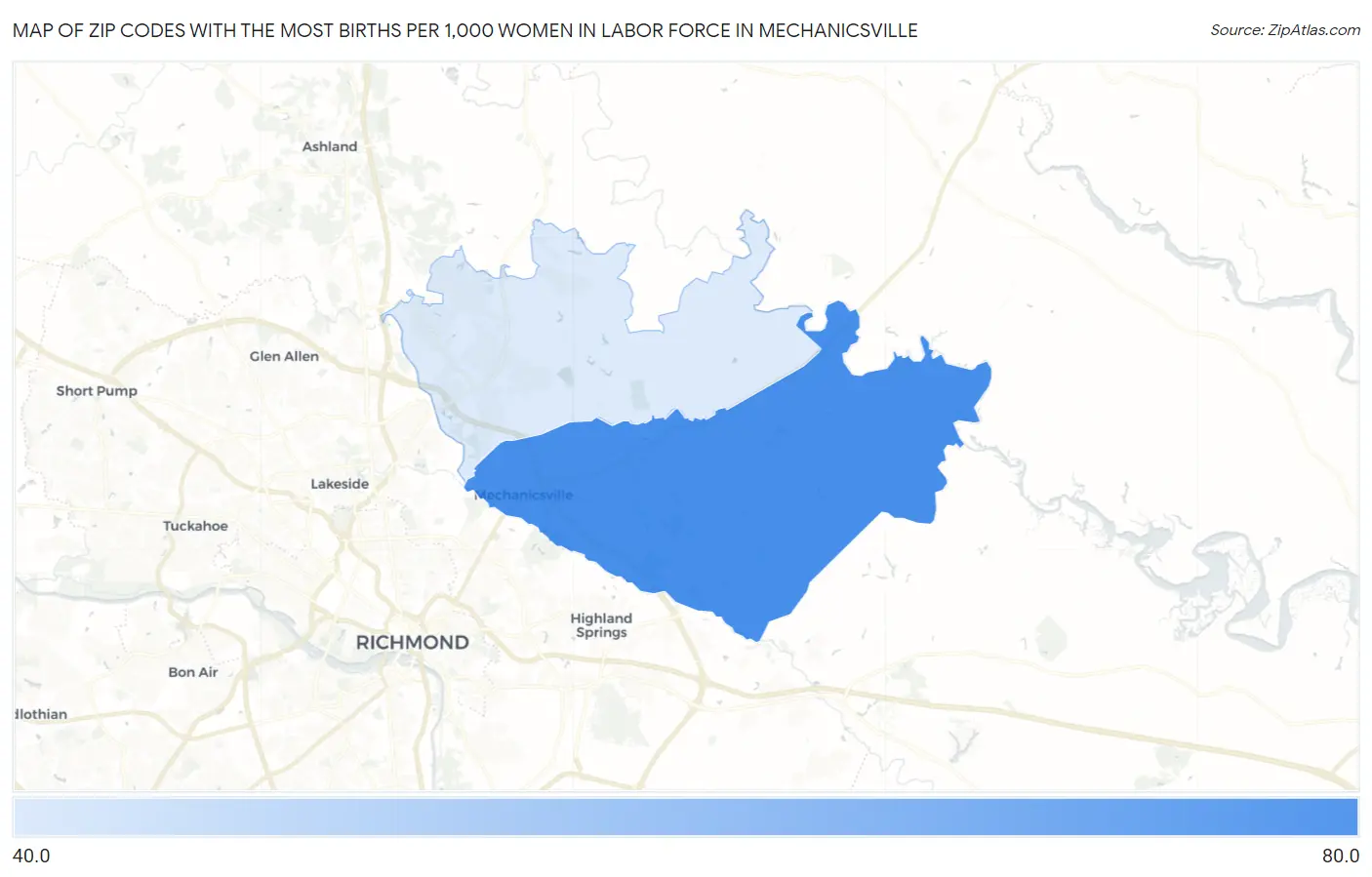 Zip Codes with the Most Births per 1,000 Women in Labor Force in Mechanicsville Map