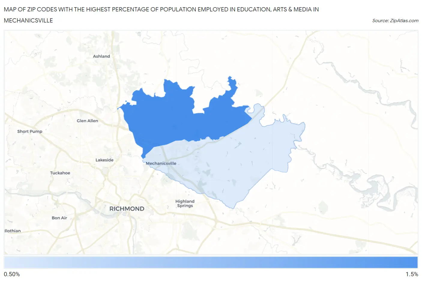 Zip Codes with the Highest Percentage of Population Employed in Education, Arts & Media in Mechanicsville Map