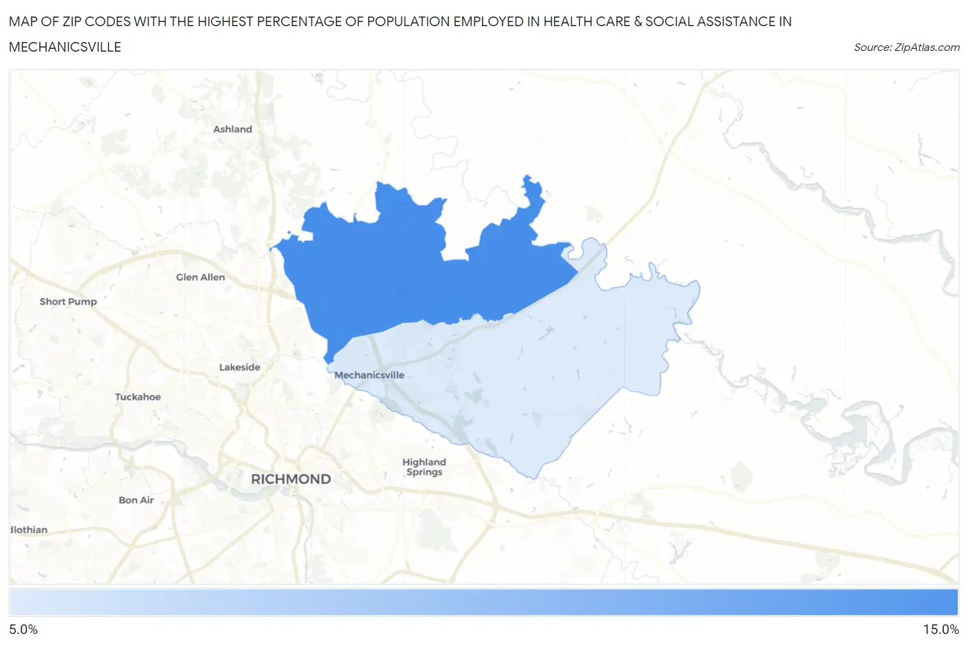Zip Codes with the Highest Percentage of Population Employed in Health Care & Social Assistance in Mechanicsville Map