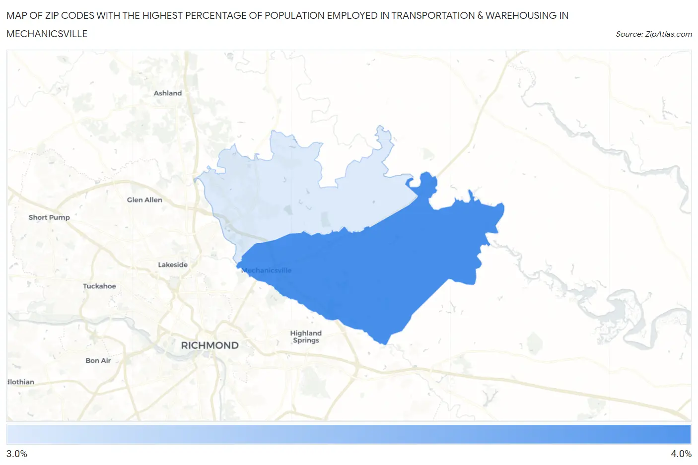 Zip Codes with the Highest Percentage of Population Employed in Transportation & Warehousing in Mechanicsville Map