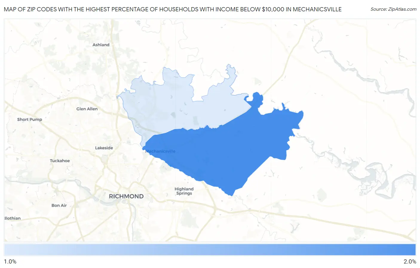 Zip Codes with the Highest Percentage of Households with Income Below $10,000 in Mechanicsville Map