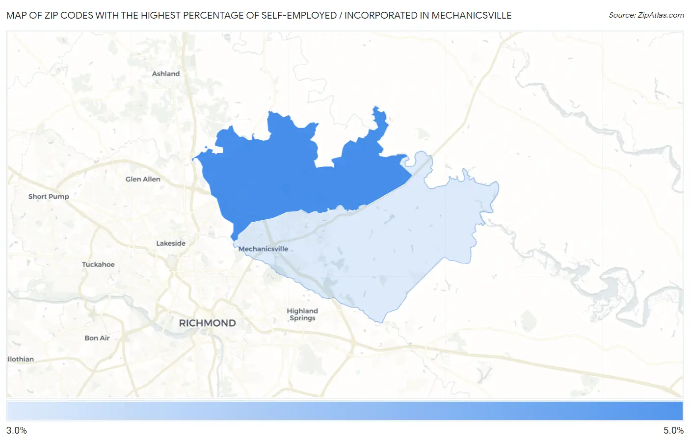 Zip Codes with the Highest Percentage of Self-Employed / Incorporated in Mechanicsville Map