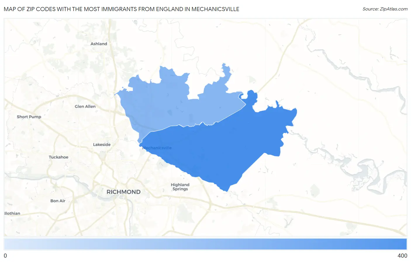 Zip Codes with the Most Immigrants from England in Mechanicsville Map
