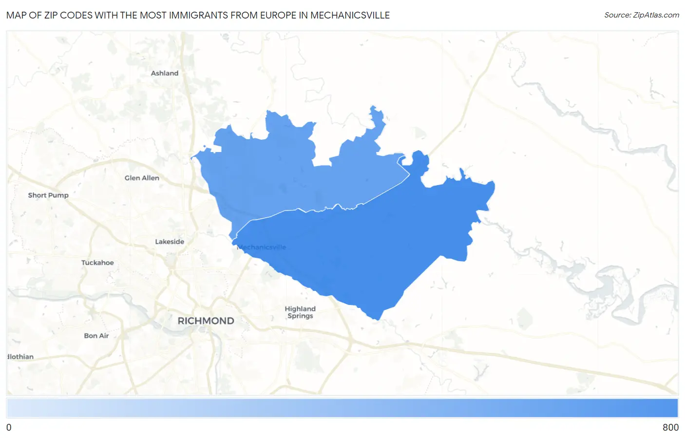 Zip Codes with the Most Immigrants from Europe in Mechanicsville Map