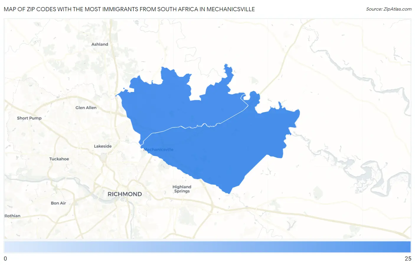 Zip Codes with the Most Immigrants from South Africa in Mechanicsville Map