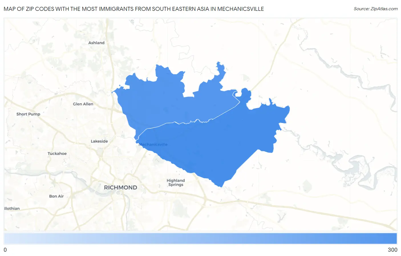 Zip Codes with the Most Immigrants from South Eastern Asia in Mechanicsville Map