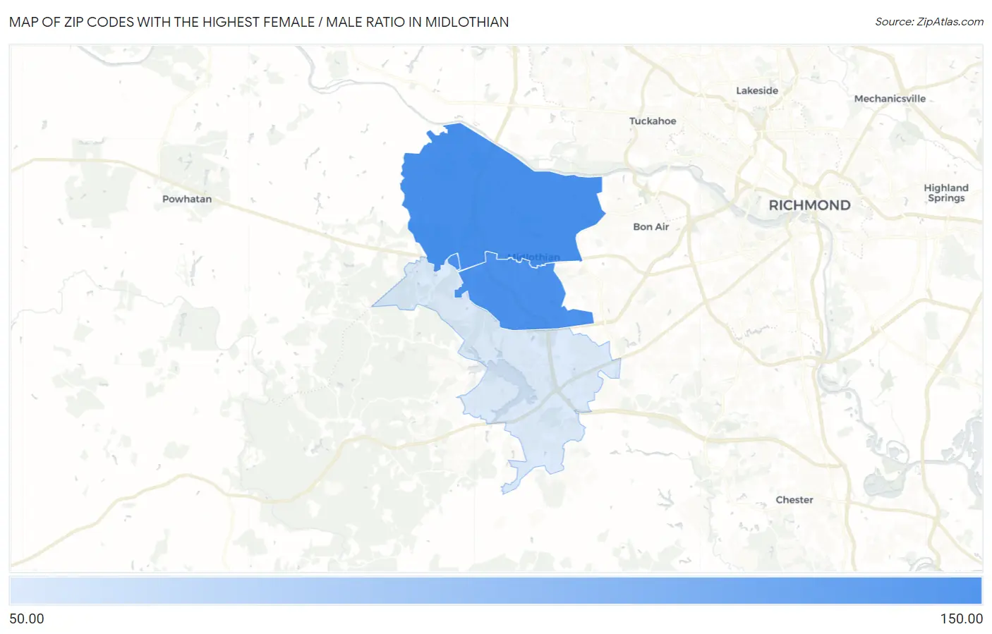 Zip Codes with the Highest Female / Male Ratio in Midlothian Map